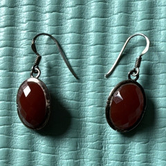 Handcrafted Silver Dangle Hook Earrings Red Oval Carnelian Bezel Set