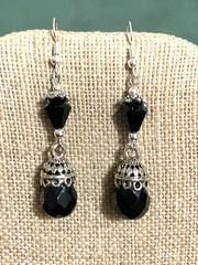 ON SALE*EXQUISITE HANDCRAFTED JET CRYSTAL BRIOLETTE & SILVER DROP EARRINGS-NEW
