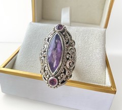Sarda Sterling Silver 925 Artisan Of Bali Triplet Amethyst Marquise Ring, Size 7