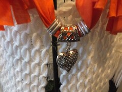 Necklace Scarf Orange T-shirt Fabric Silver Tone Beads Scarf Dangle Heart