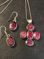 Artisan Made Sterling Silver Natural Ruby Cross Pendant Necklace & Earring Set
