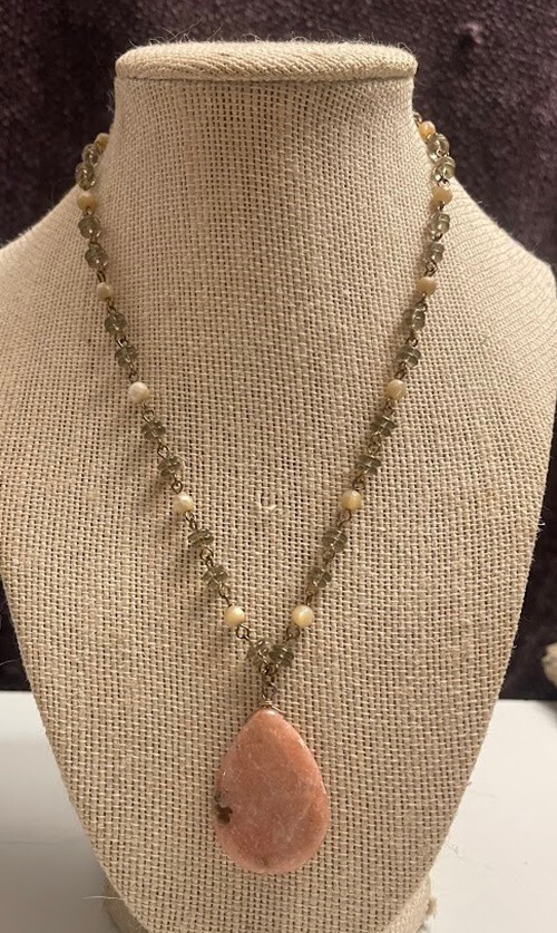 Peach moonstone necklace faceted peridot cats eye hand made beaded Boho Cottage