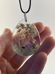 Handmade Resin Pendant With Real Crushed Gemstone And Pressed Flowers