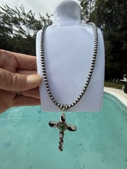 OOAK Artisan Peacock Dahlia White Buffalo Desert Pearl Necklace & Cross Pendant
