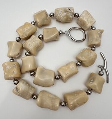 Handmade ~ Silver ~ Large Beige Coral Branches Beaded 26″ Toggle Necklace #147