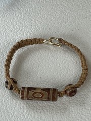 7.25″ (Small), Agate Dzi Bead Inspired, Macrame And Brass, Cuff Bracelet