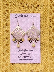 Eutierra Semi-Precious Yellow Jade Earrings Hand Crafted In The USA Brass 2 5/8″