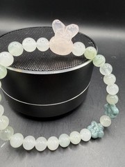 Ice Jade Beaded Bracelet with Blue Water Jade Flower & Rose Quartz Bunny Charms