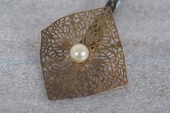 Antique Celluloid Abalone Faux Pearl Brass Filigree Hair Stick Pin Pick 10″