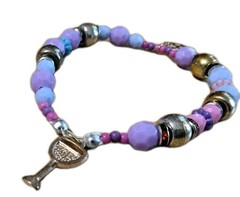 Handmade Elastic Bracelet-6.75 in-Plastic w/Rhinestone Spacers-2 Goldtone Charms