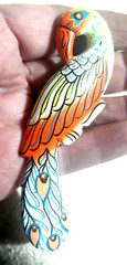 Brooch Pin VTG Hand Enamel Painted Wood Wooden Peacock Artisan unSigned 4″