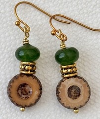 Gold, Brown Picasso and Jade Bead Dangle Earrings. Boho Chic
