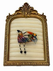 SEAN BROWN Retired Ceramic Signed Colorful Bird Brooch Pin Feathers Wearable Art