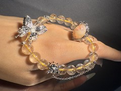 Unqiue Natural Golden Rutilated Crystal Beaded with Sakura Agate Charm Bracelet