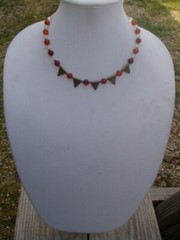 Handmade Necklace of Red Agate, Clear Czech Glass, and Bronze Tone Metal Beads