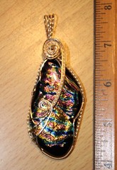 Large Dichroic Glass Pendant 14K Gold Filled Wire-Wrapped Iridescent Multi Color
