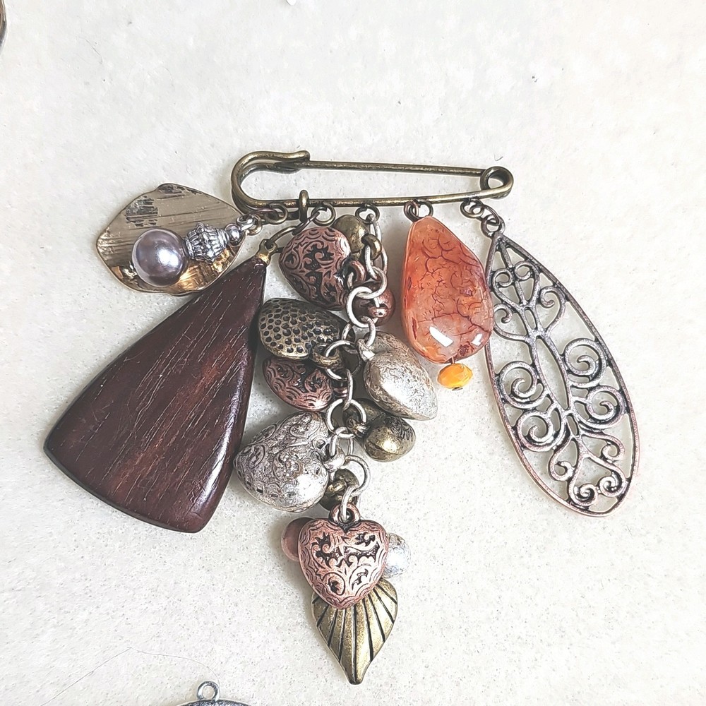 Artisan Made Safety Pin Brooch Fall Vibes Copper Brown Metal Wood