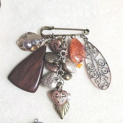 Artisan Made Safety Pin Brooch Fall Vibes Copper Brown Metal Wood