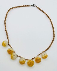 Cord Necklace With Yellow White Stone Carved Beads 17″
