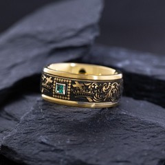 9mm Cobalt Ring with Yellow Gold Plating, Emerald and Cross and Floral Engraving