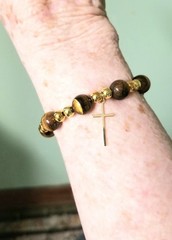 10mm Tigers Eye Bracelet with Gold Plated Cross— Handcrafted