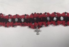 Vintage Handmade Goth Crochet Red & Black Choker Necklace by Odythia