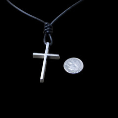Titanium Steel Cross † on Hand Knotted Black Leather Necklace