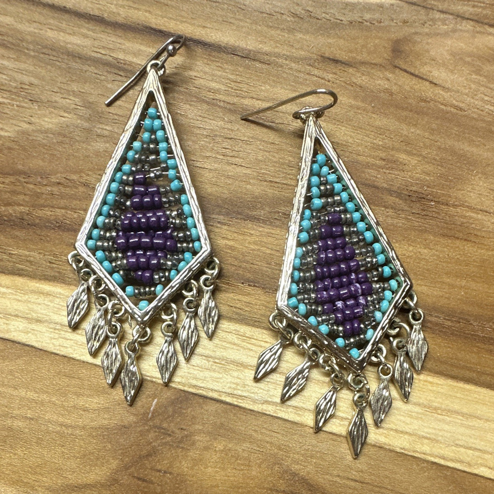 Handcrafted Beaded Teardrop Dangle Earrings Glass Purple Turquoise Gold 2in