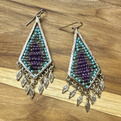 Handcrafted Beaded Teardrop Dangle Earrings Glass Purple Turquoise Gold 2in