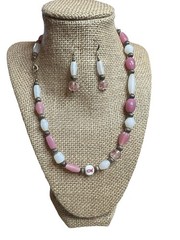 BEADED PINK WHITE ACRYLIC/GLASS BREAST CANCER AWARENESS NECKLACE & EARRINGS Set