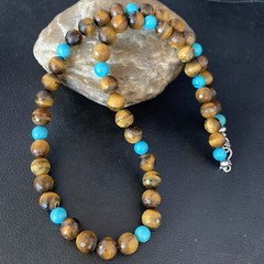 Navajo Blue Turquoise Brown Tigers Eye Sterling Silver Necklace 20″ 13895