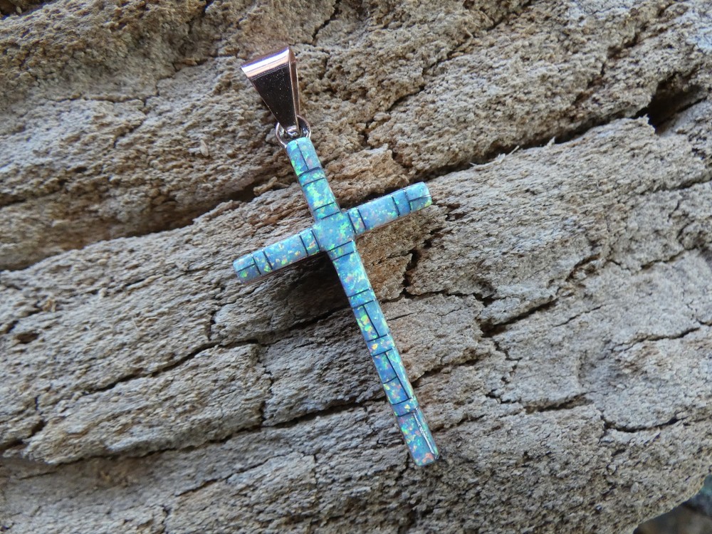 Copper Cross White Lab Created Opal Unisex Pendant Nice Sparkel Gift Bag BD20