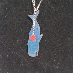 White Enameled Copper Whale Pendant Necklace 18” Silver Tone Chain Red Heart