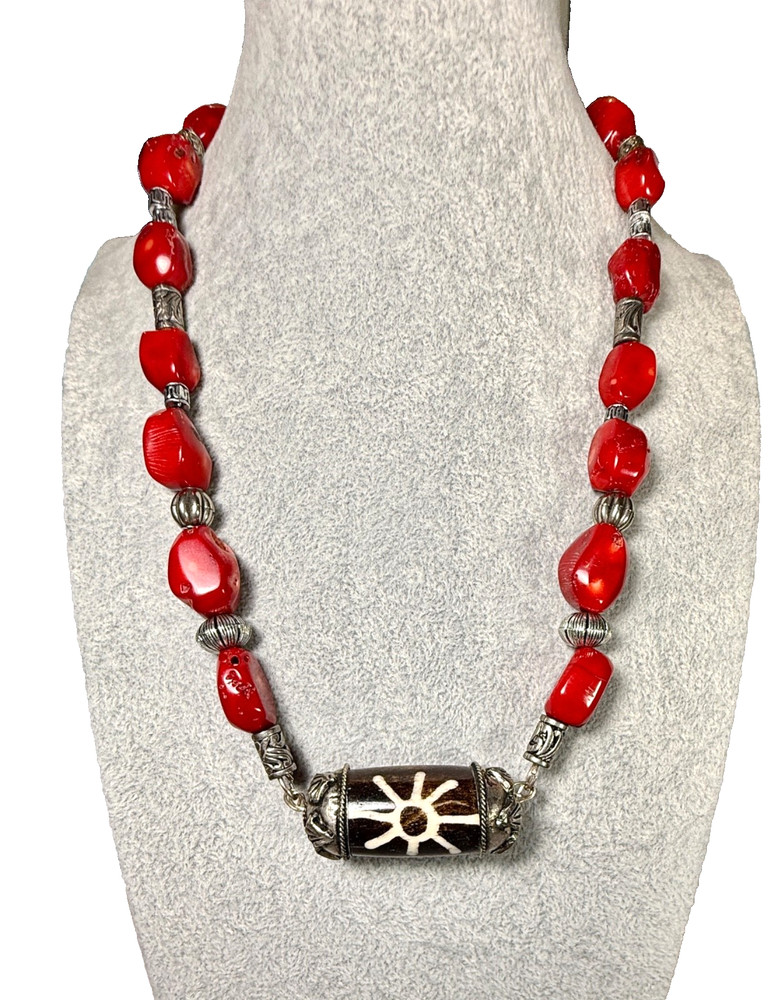 Vintage Tibetan Dzi Bead Coral Necklace Large Chunky Red Coral Tribal Boho