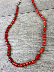 Artisan Made In Montana Red Coral & Silvertone Necklace 18″
