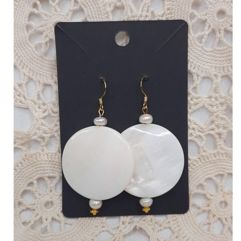 Mother of Pearl Disc Earrings Dangle Artisan Made Gold Plated Statement Bridal
