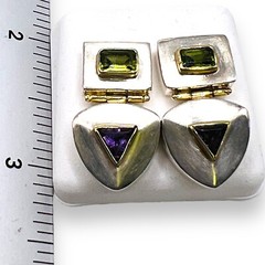 MICHOU Design Amethyst Peridot 22k Sterling Silver Two Tone Earrings 24 mm