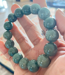 Certified Natural Burmese Jadeite Dark Green Bead Bracelet 13mm 8″
