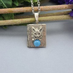 Ox Silver Book Locket Pendant, Cat Face Locket Necklace.