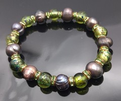 Black Baroque Pearls Green Handmade Lampwork Green Rhinestones Beaded Bracelet