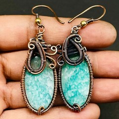 Natural Amazonite Gemstone Copper Wire Wrapped Handcrafted Earrings 45x18mm