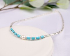 Seed Beaded Choker, Turquoise and Freshwater Pearl Summer Necklace for Women