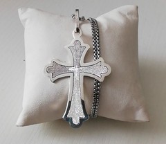 .925 Solid Silver Oxidized Jesus Cross Pendant Stainless Steel Chain New
