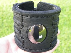 Black bracelet hematite stone genuine Buffalo Bison leather cuff adjustable