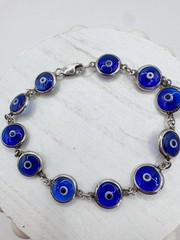 8” sterling silver 925 Evil Eye bracelet Cobalt blue Glass Eye Good Luck Charm