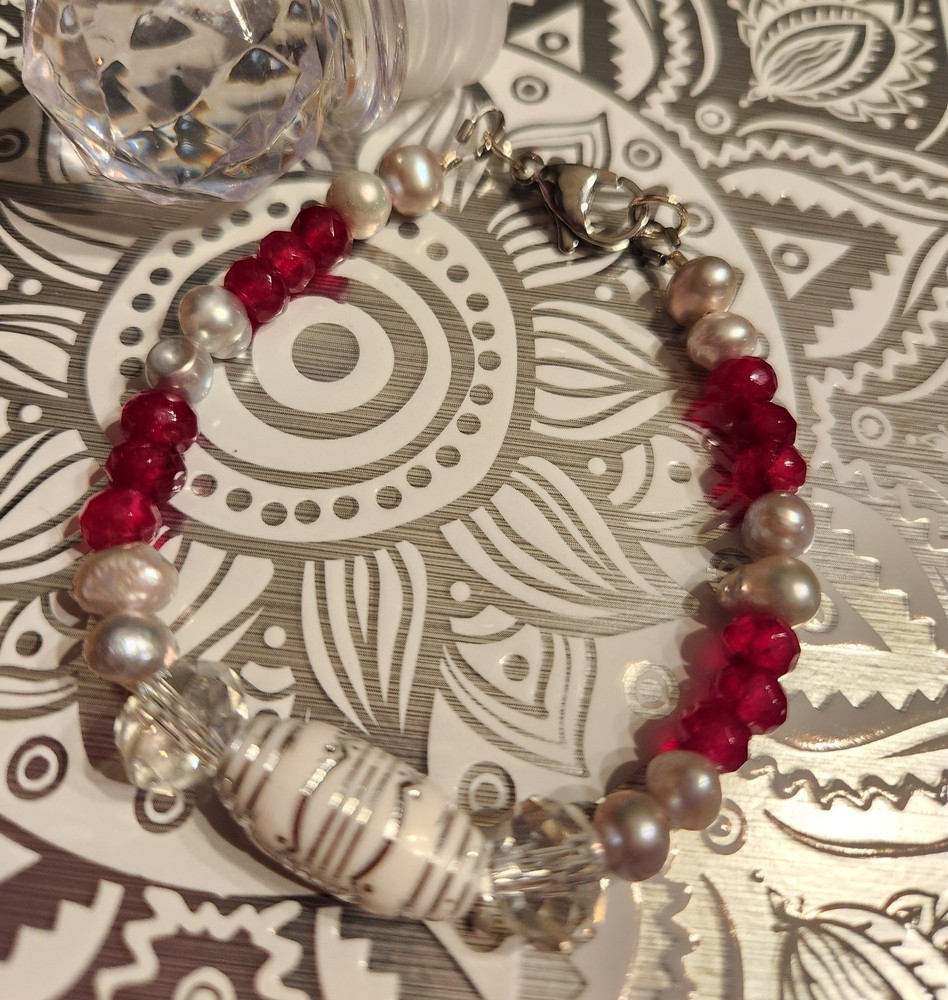 Handmade Artisan Ruby Red Gemstone Pearl Glass Bracelet. #127