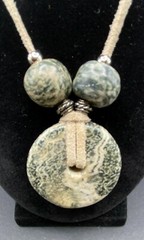 Necklace Grey Green Agate Stone Disc & Bead on Beige Leather