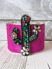 Saguaro Rhinestone Cactus Southwestern Hair on Hide Fushia Pink 2″ Cuff