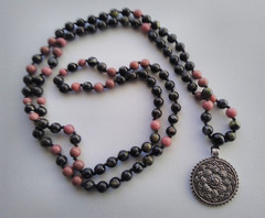 Mala 108 Beads, Flower Obsidian, Rhodonite & Onyx Hand knotted Mala Necklace