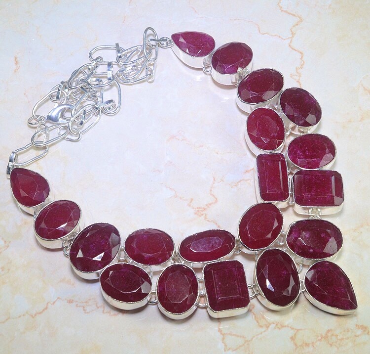 NATURAL RUBY 925 STERLING SILVER NECKLACE CHOKER HAND CRAFTED